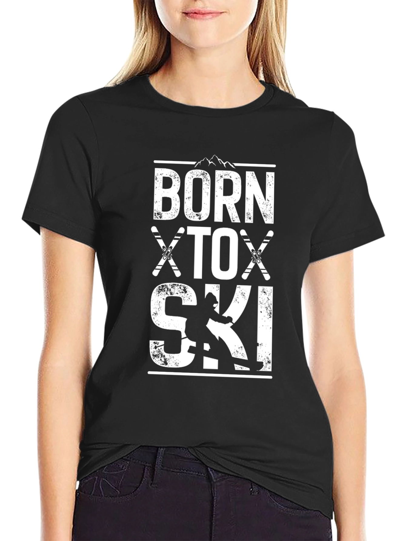 Black Born to Ski Graphic Tee - Black Cotton T-Shirt view 2