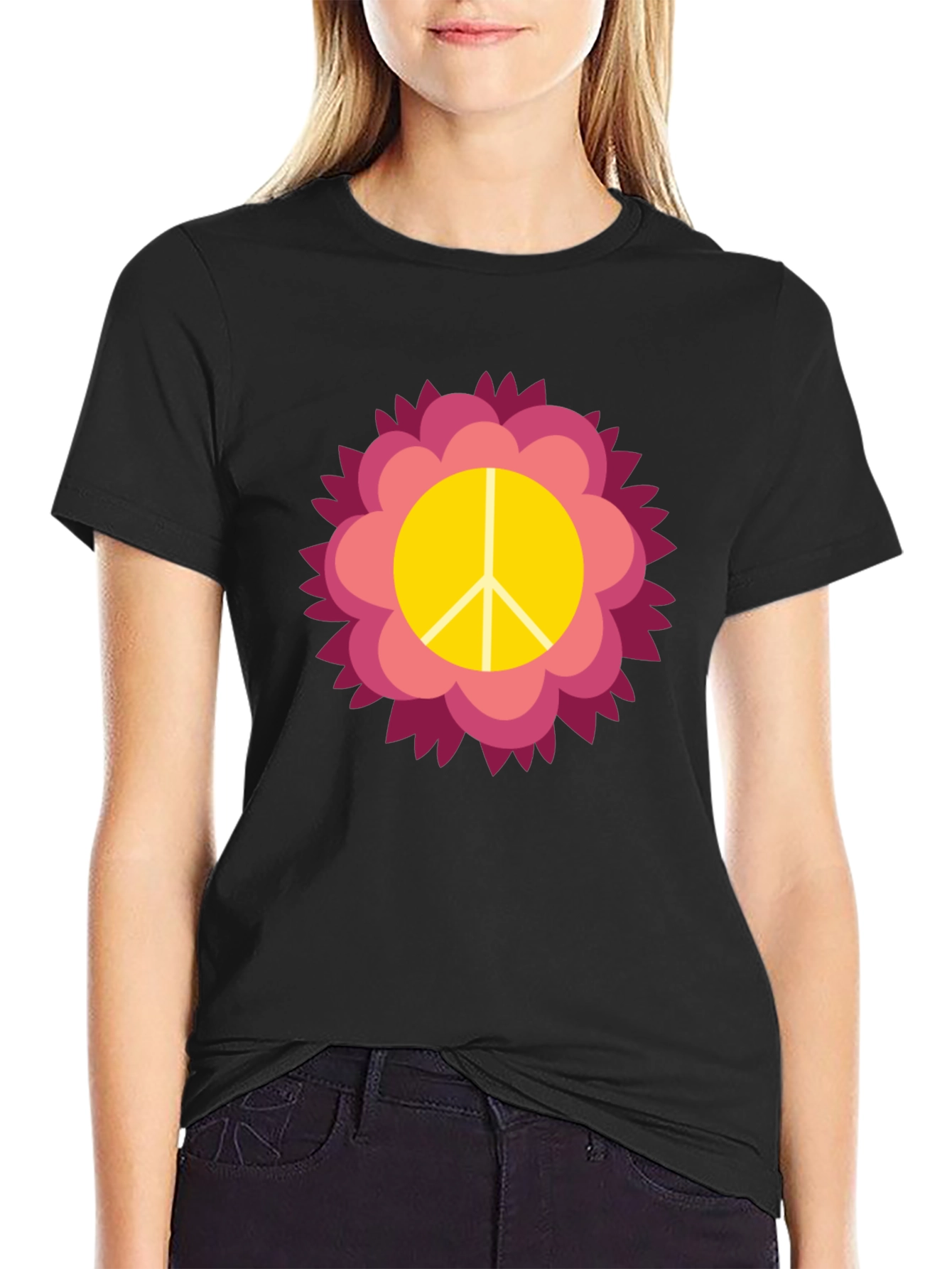 Black Peace Sign Flower Graphic Tee - Black view 2