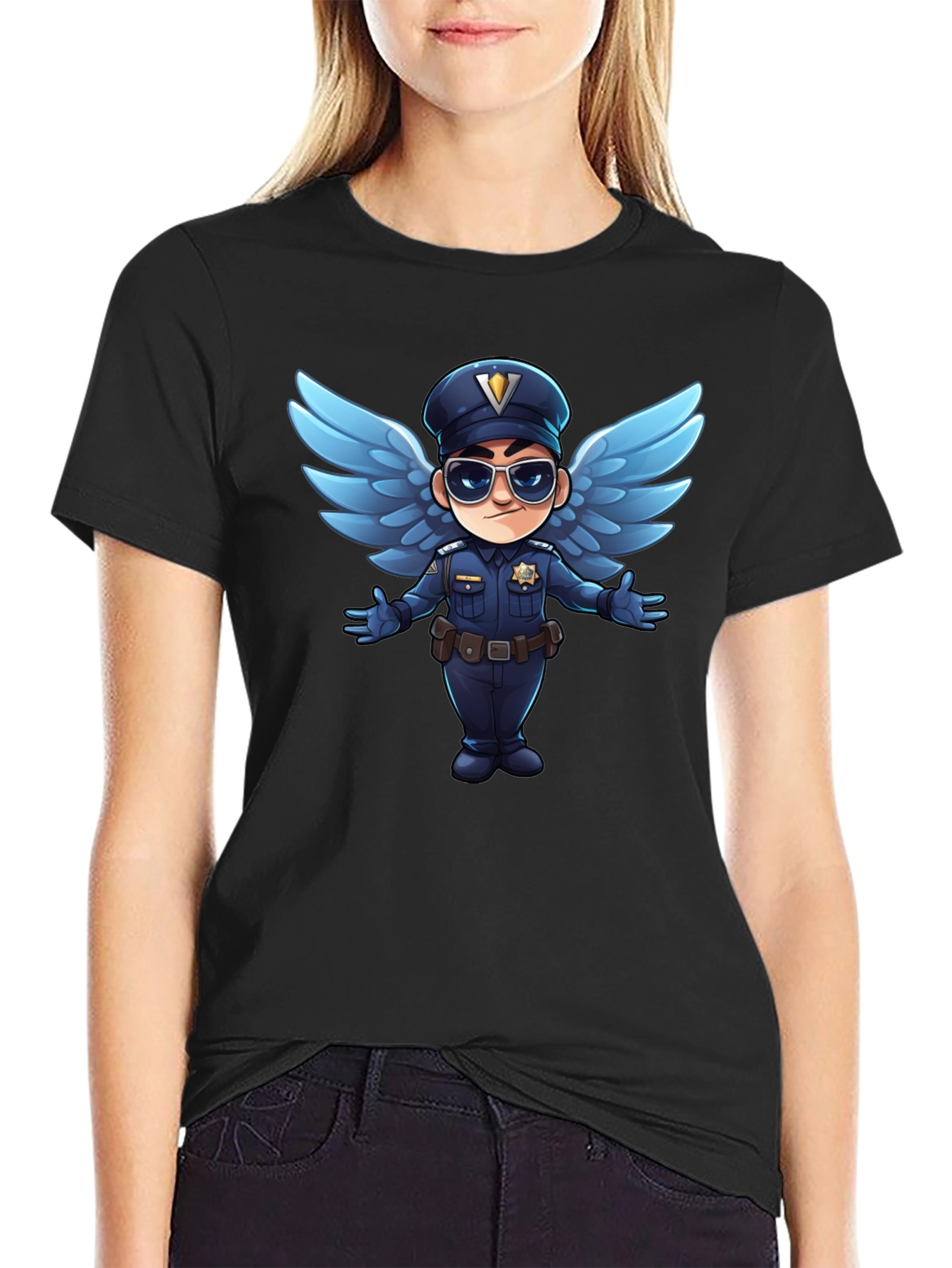 Black Cartoon Angel Cop T-Shirt - Black view 2