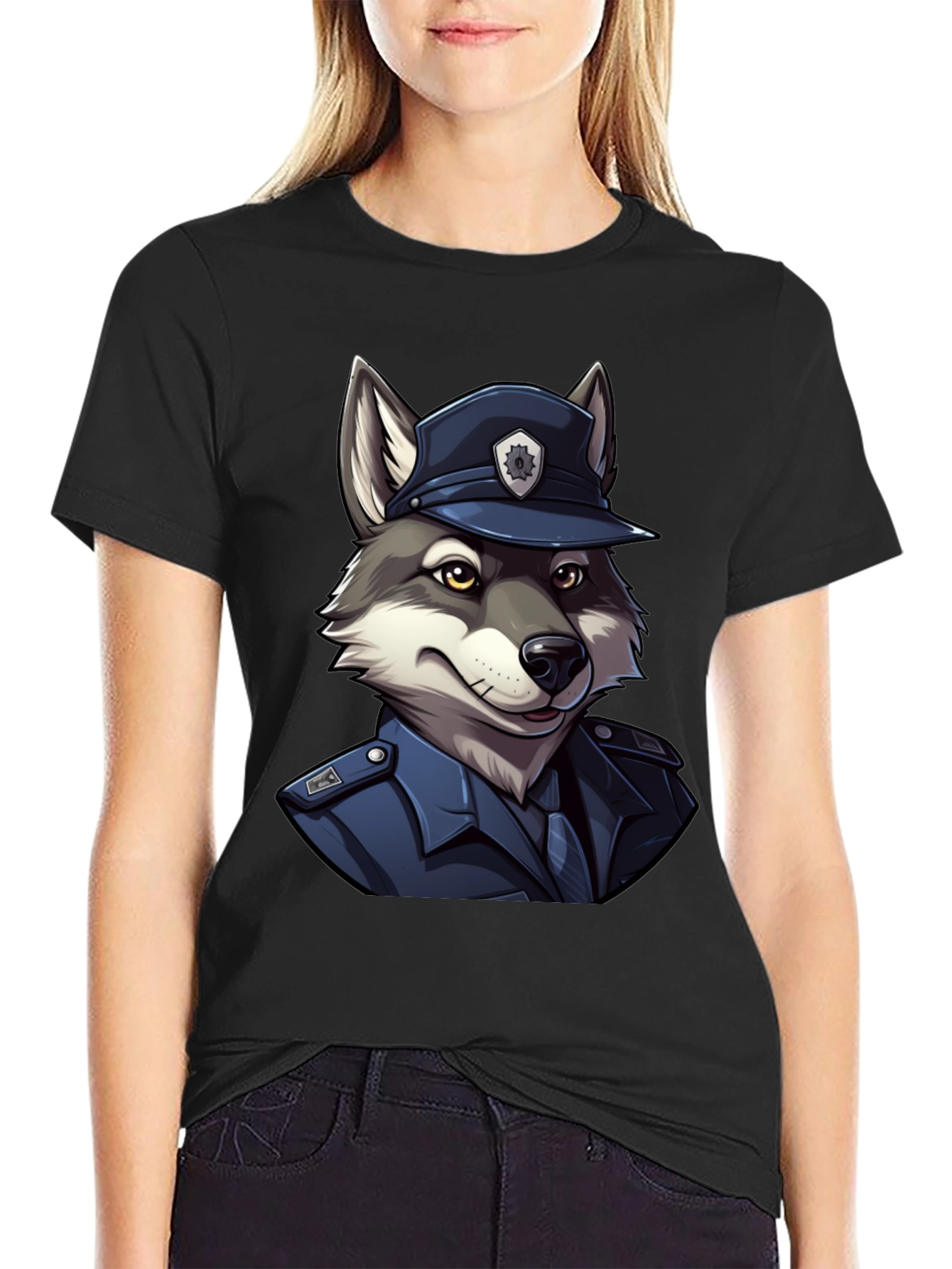 Black Wolf Cop T-Shirt - Cool Canine Police Design view 2