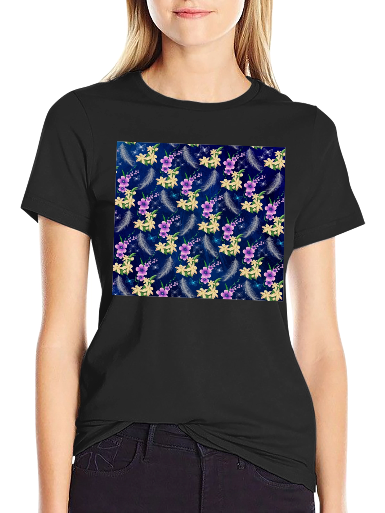 Black Floral Feather Print T-Shirt view 2