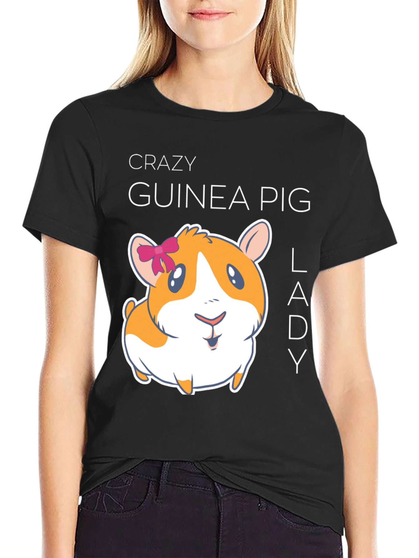 Black Crazy Guinea Pig Lady T-Shirt view 2
