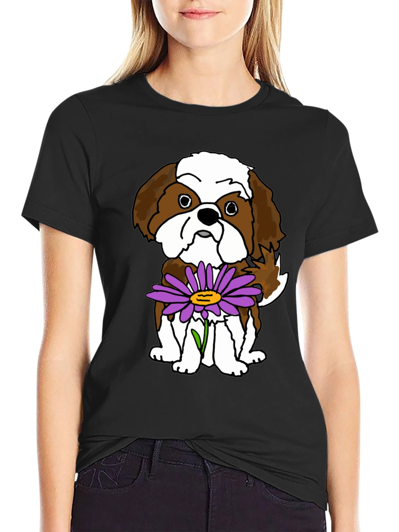 Black Cute Shih Tzu Dog with Flower Graphic T-Shirt view 2