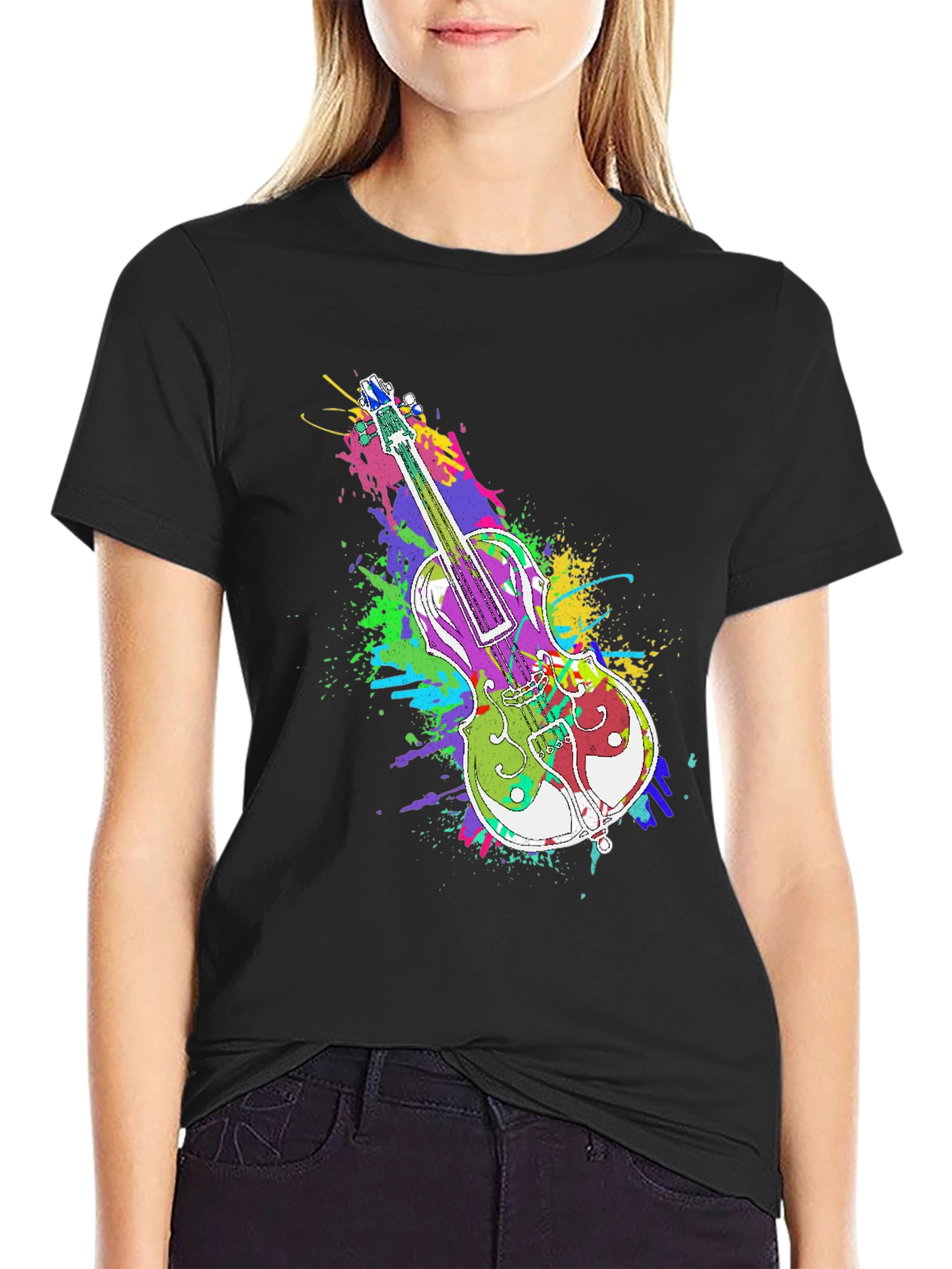 Black Colorful Violin Splatter Print T-Shirt - Unique Music Design view 2