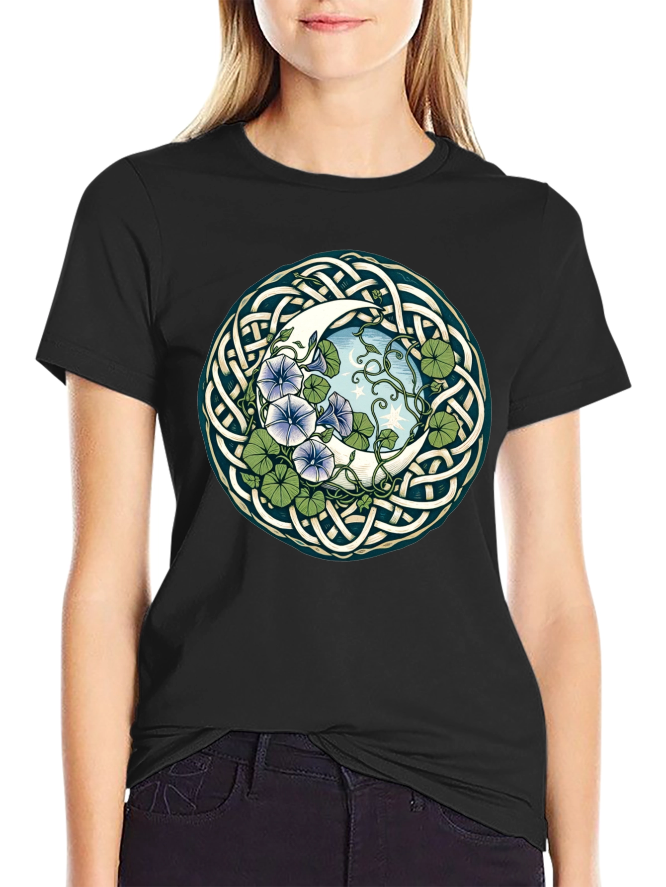 Black Celtic Moon & Flower T-Shirt view 2