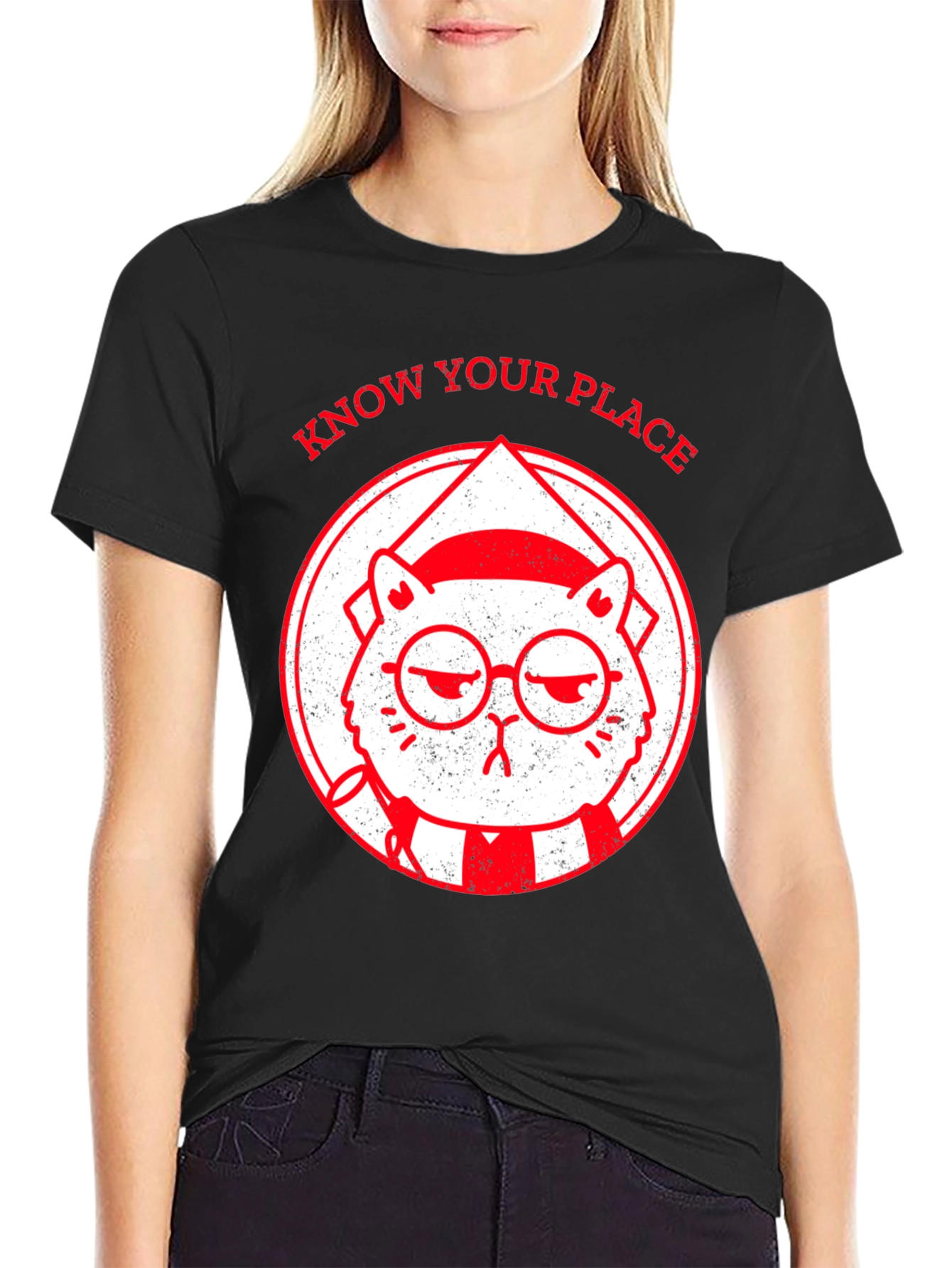 Black Know Your Place Funny Cat Graphic T-Shirt view 2