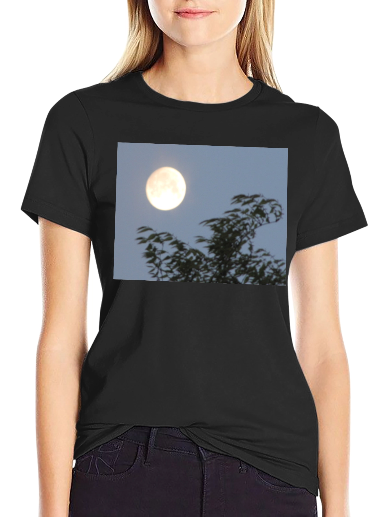 Black Moonlit Trees Graphic Tee - Black Cotton T-Shirt view 2