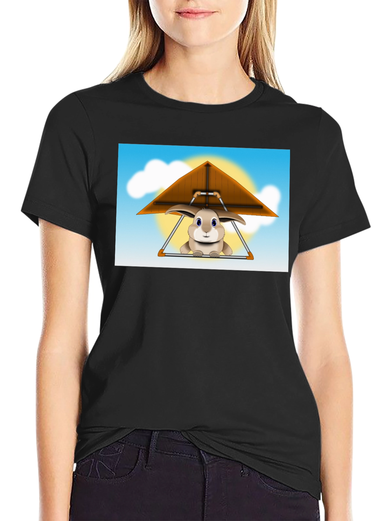 Black Bunny Hang Gliding Black T-Shirt view 2