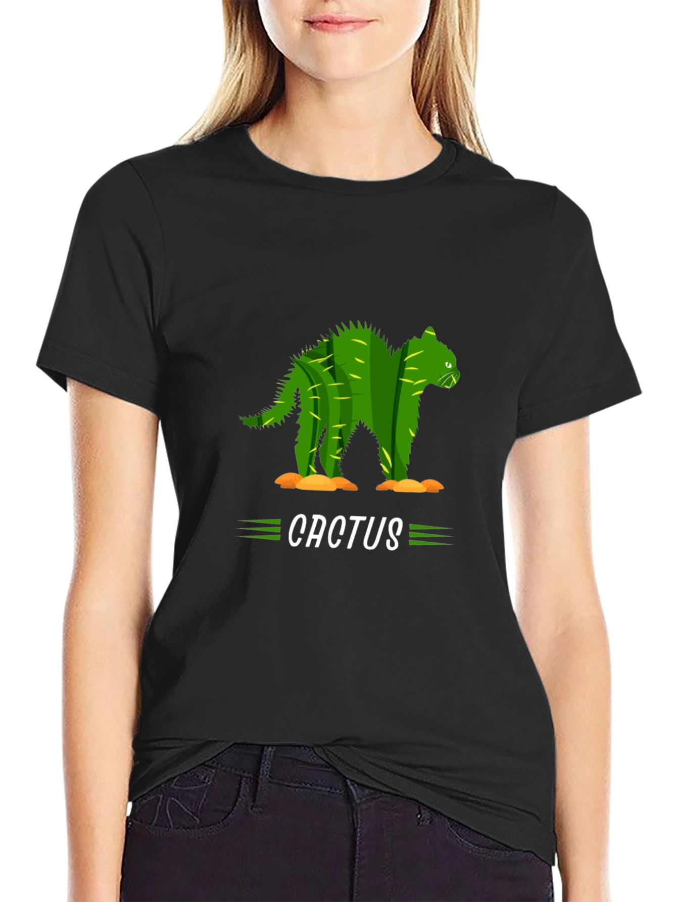 Black Cactus Cat Graphic Tee - Unique Animal Humor T-Shirt view 2