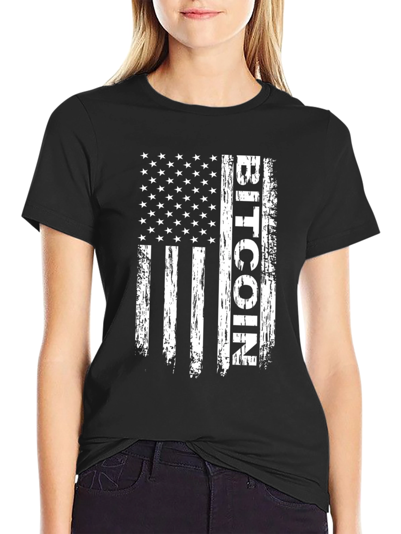 Black Bitcoin USA Flag T-Shirt - Crypto Patriot Tee view 2