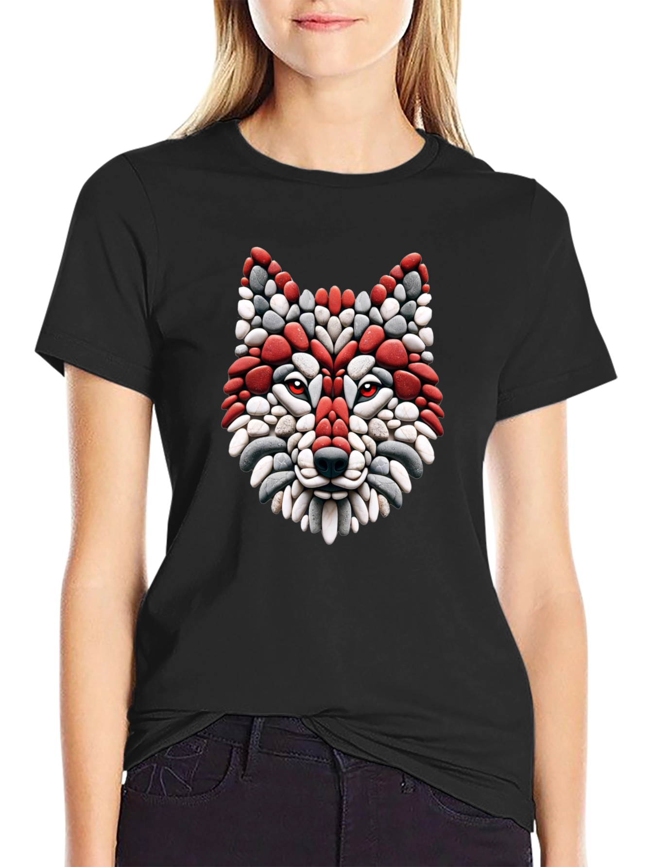 Black Wolf Mosaic Graphic Tee - Stylish Black T-Shirt view 2
