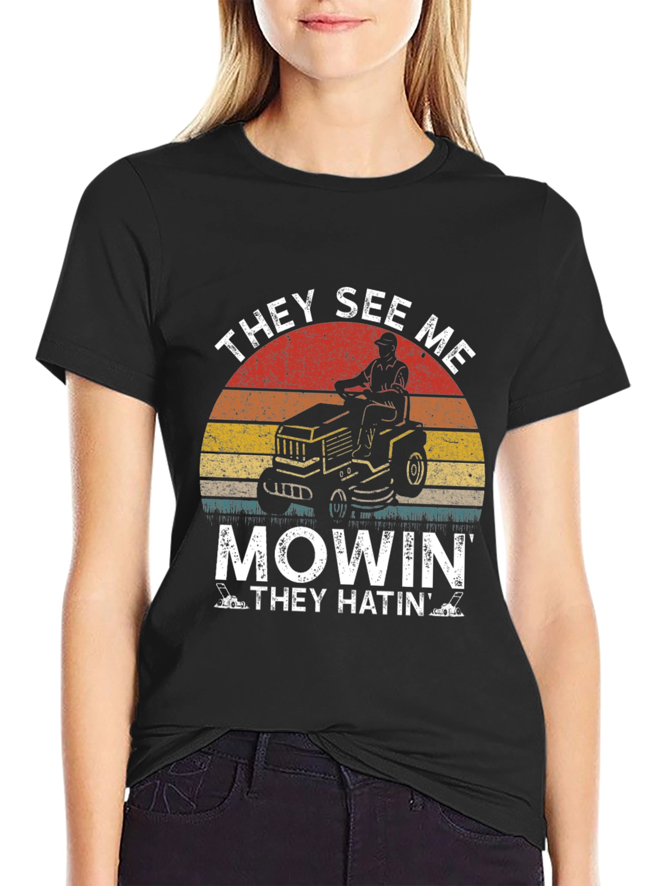 Black They See Me Mowin' T-Shirt - Lawn Care Humor Tee view 2