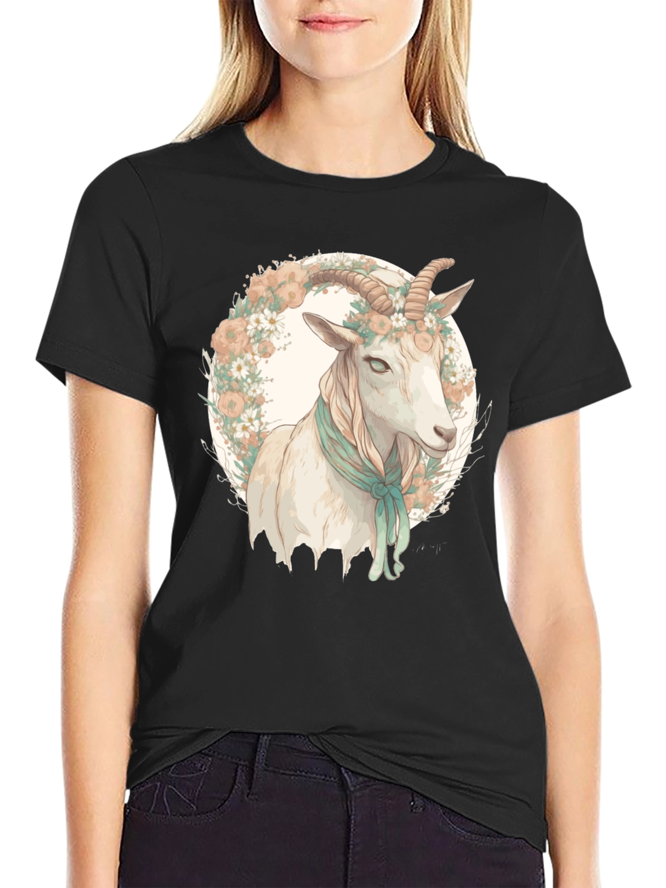Black Goat Floral Wreath Black T-Shirt view 2