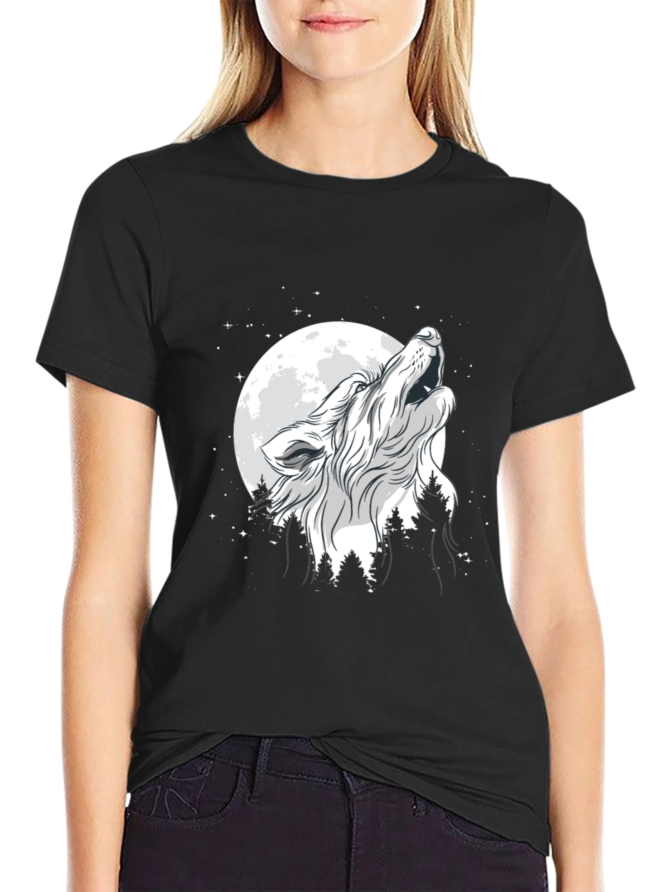 Black Wolf Howling at Moon Graphic Black T-Shirt view 2