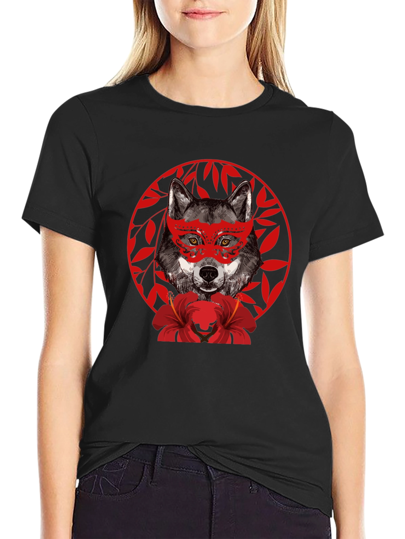 Black Wolf Masquerade Graphic Tee - Unique Animal Print T-Shirt view 2