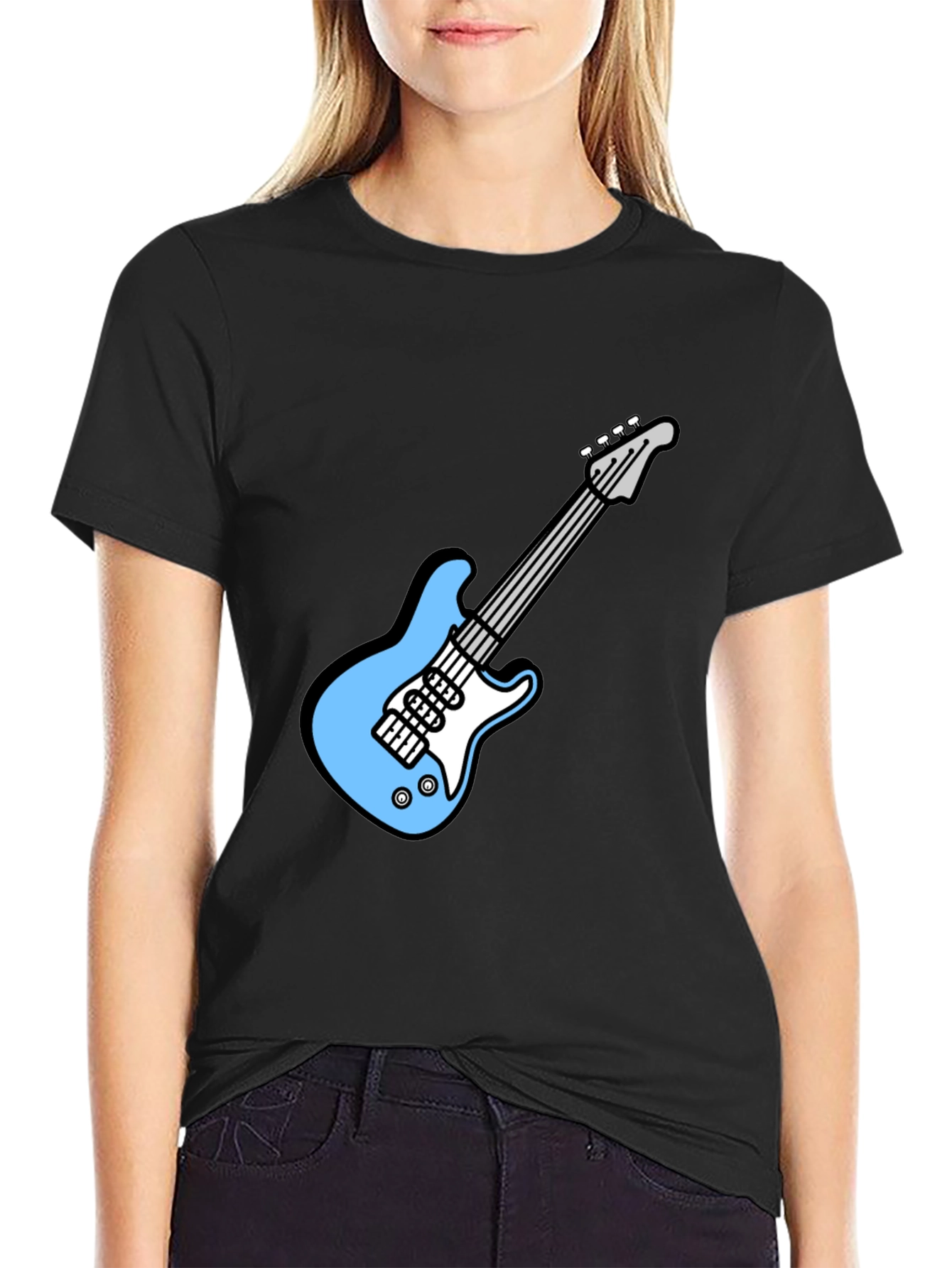 Black Cool Electric Guitar Graphic Tee - Black Cotton T-Shirt view 2