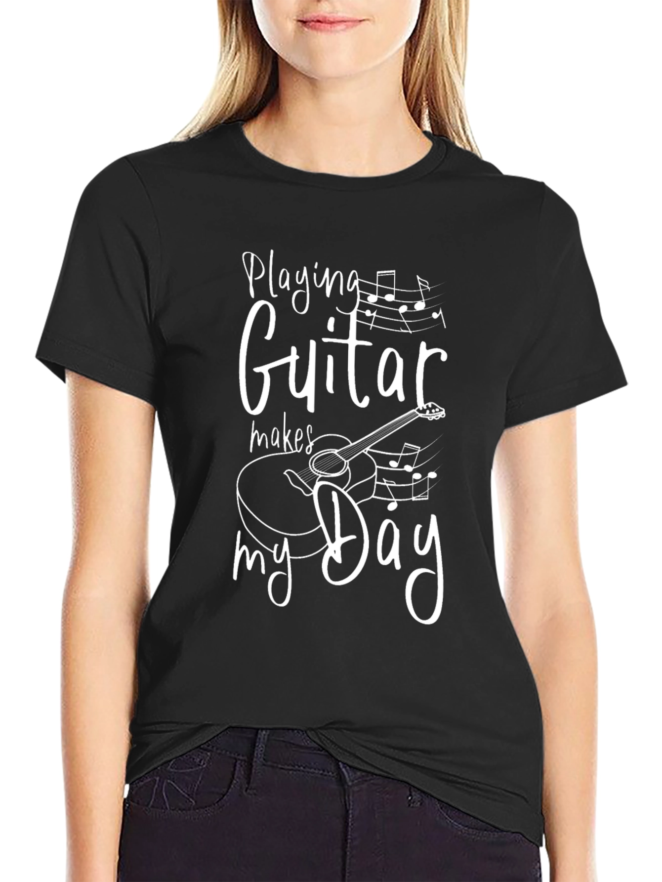Black Guitar Makes My Day T-Shirt, Music Lover Tee view 2