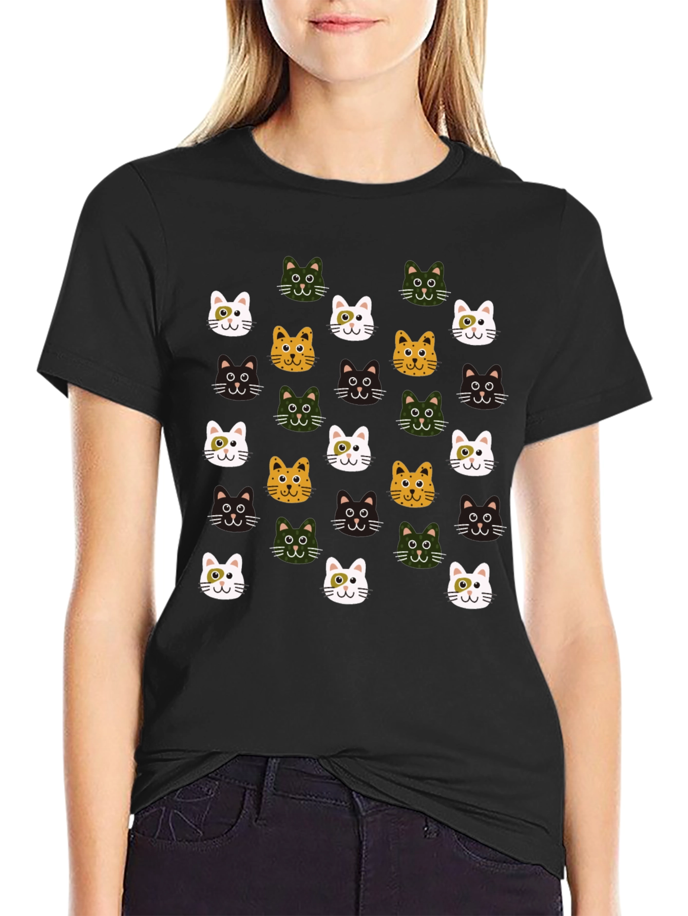 Black Cat Faces Pattern T-Shirt - Cute & Stylish view 2