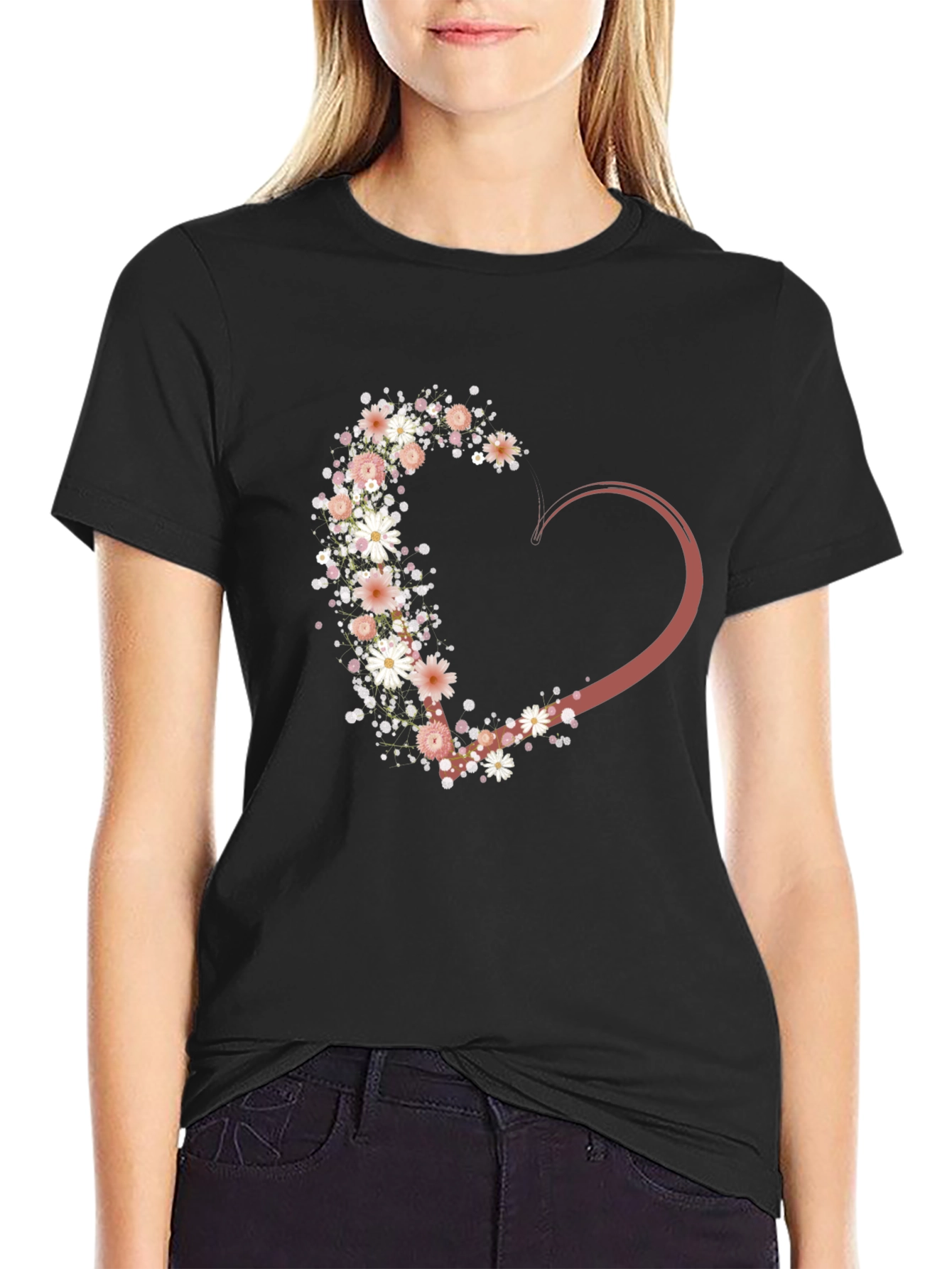 Black Floral Heart Graphic Tee - Stylish Casual Wear view 2