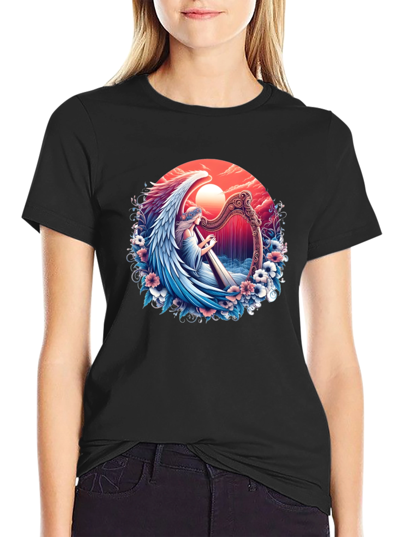 Black Angel Harpist Graphic T-Shirt - Celestial Harmony view 2
