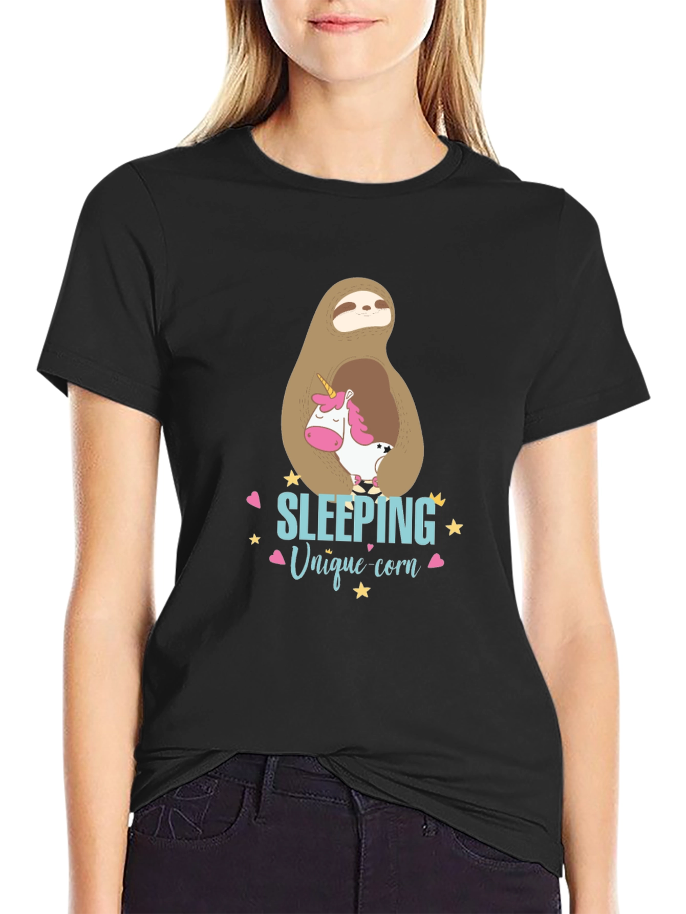 Black Cute Sloth & Unicorn Graphic T-Shirt view 2