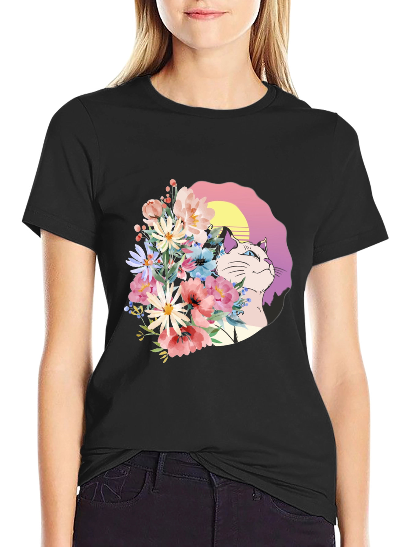 Black Floral Cat Graphic Black T-Shirt view 2