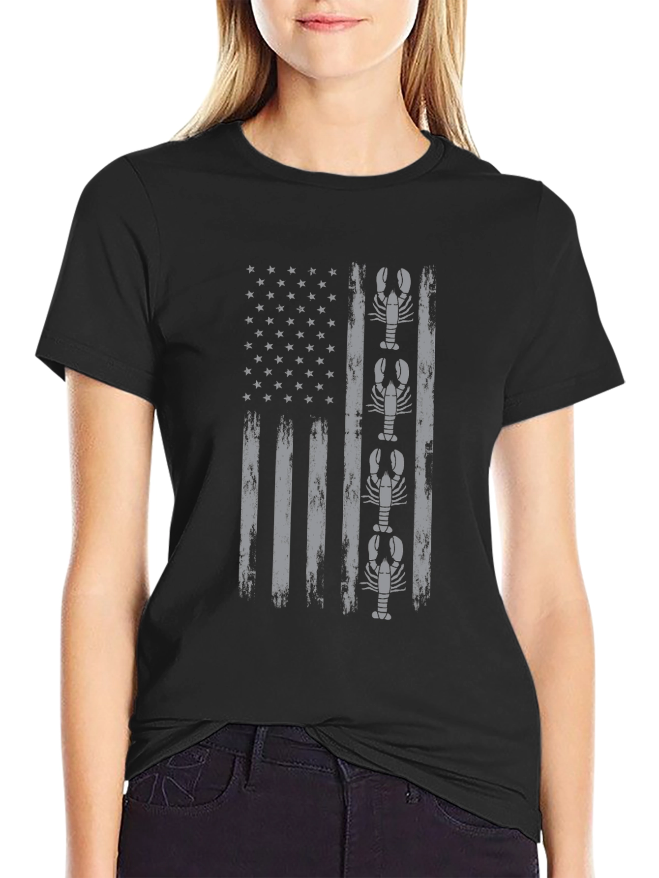 Black Lobster American Flag Graphic T-Shirt view 2