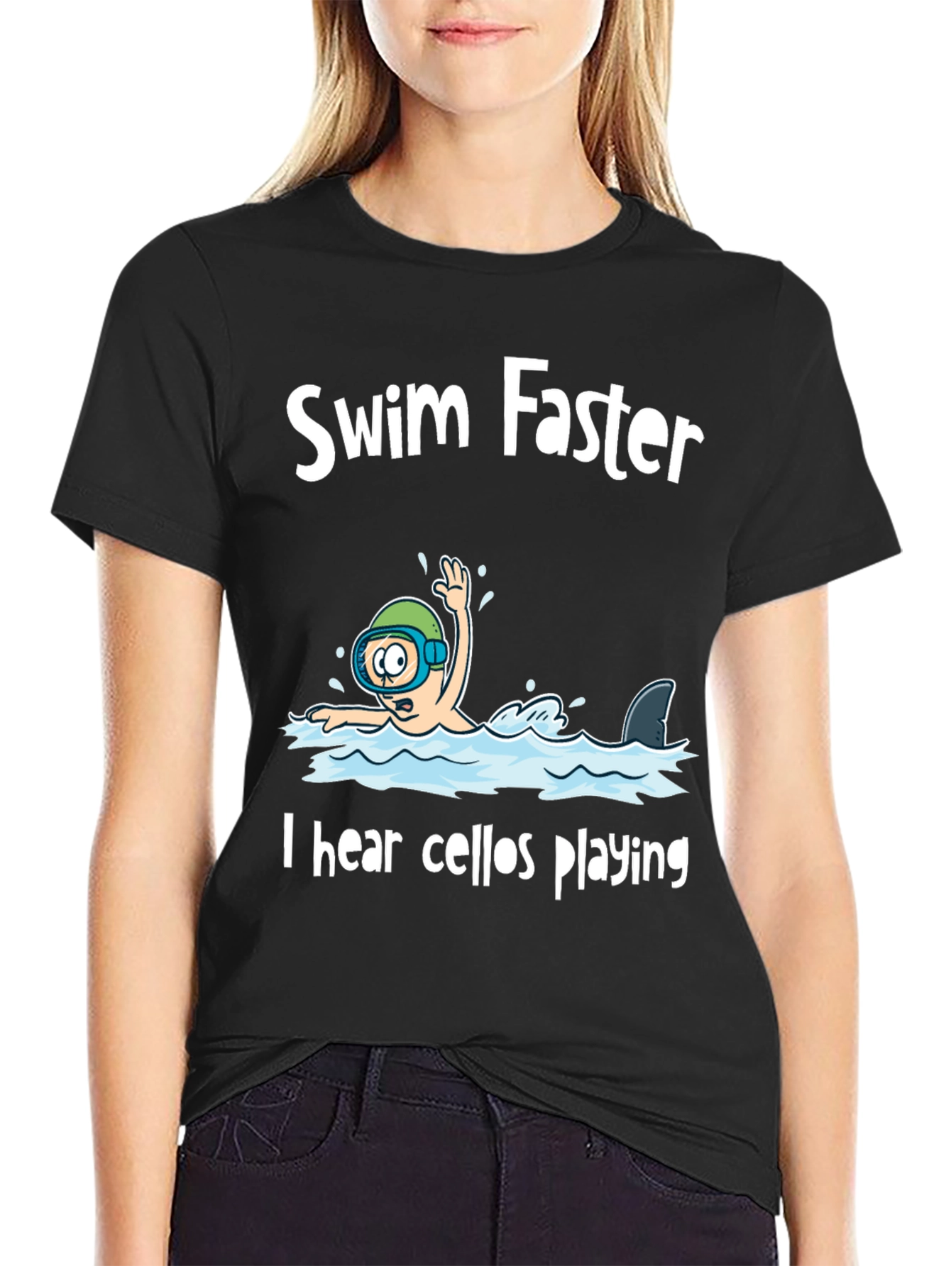 Black Swim Faster Shark Humor Graphic Tee view 2