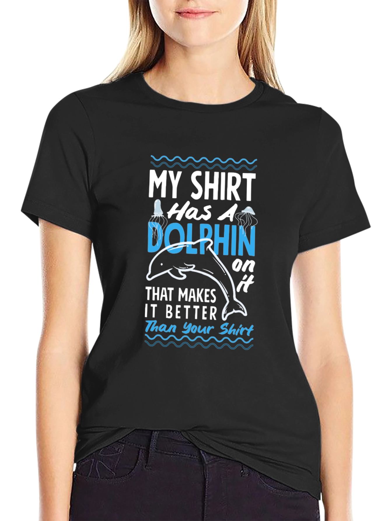 Black Humorous Dolphin T-Shirt: My Shirt Has A Dolphin On It view 2
