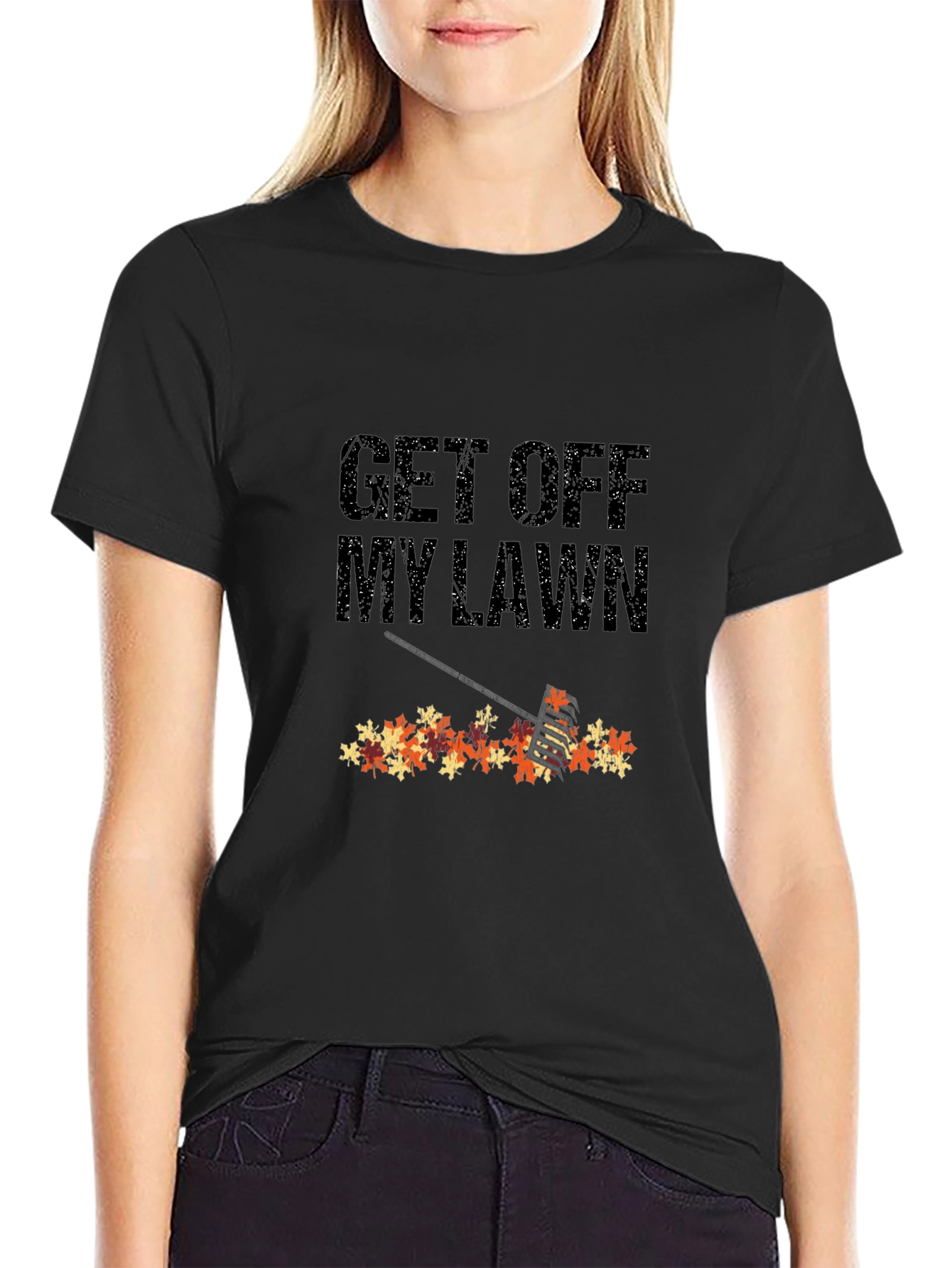Black Get Off My Lawn Fall Leaves Rake T-Shirt view 2