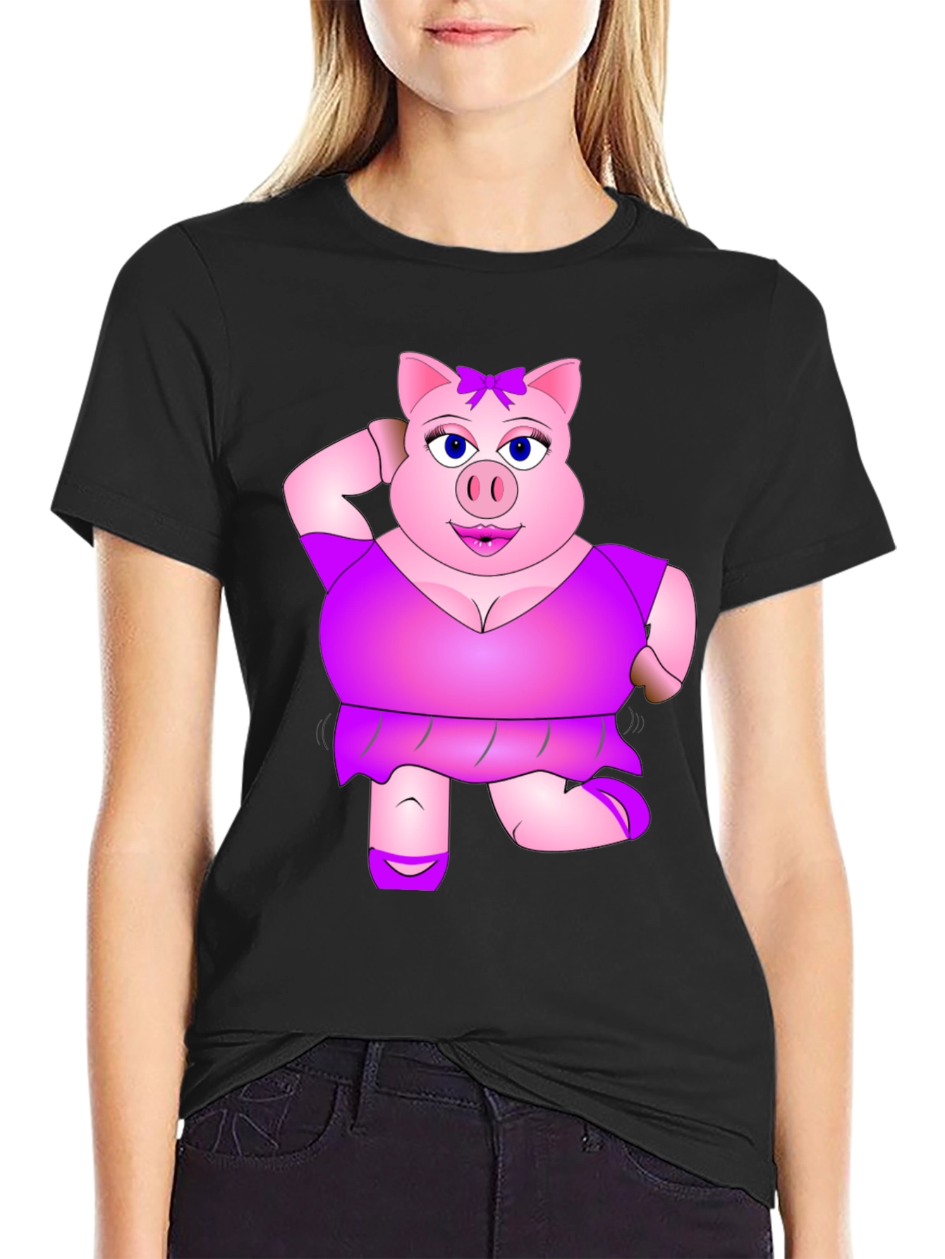 Black Funny Pig Lady Black T-Shirt Novelty Graphic Tee view 2