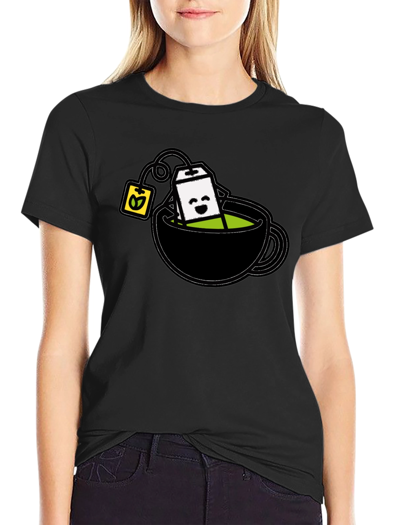 Black Cute Tea Cup T-Shirt - Kawaii Tea Time Tee view 2
