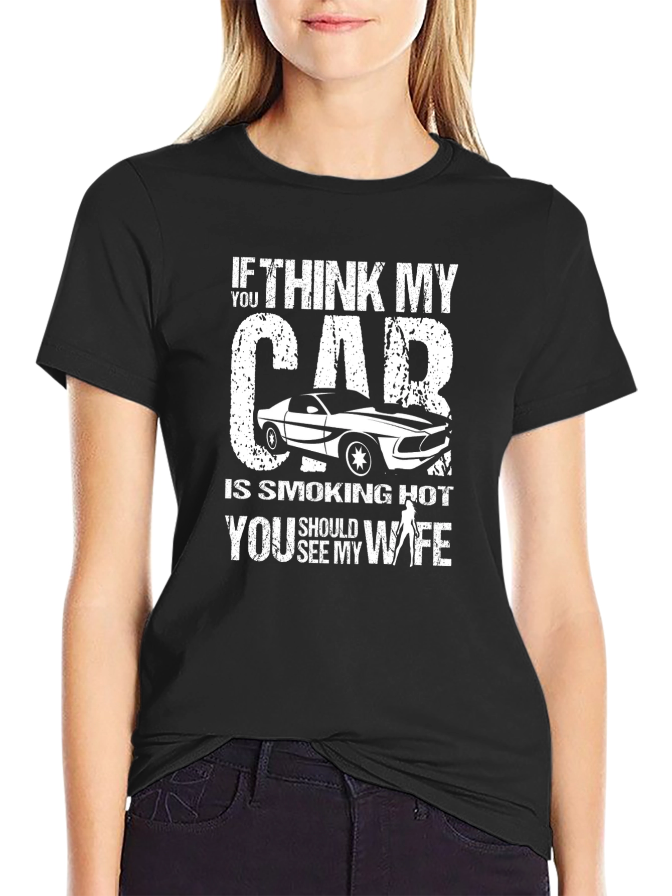 Black Smoking Hot Car & Wife Graphic T-Shirt - Black view 2