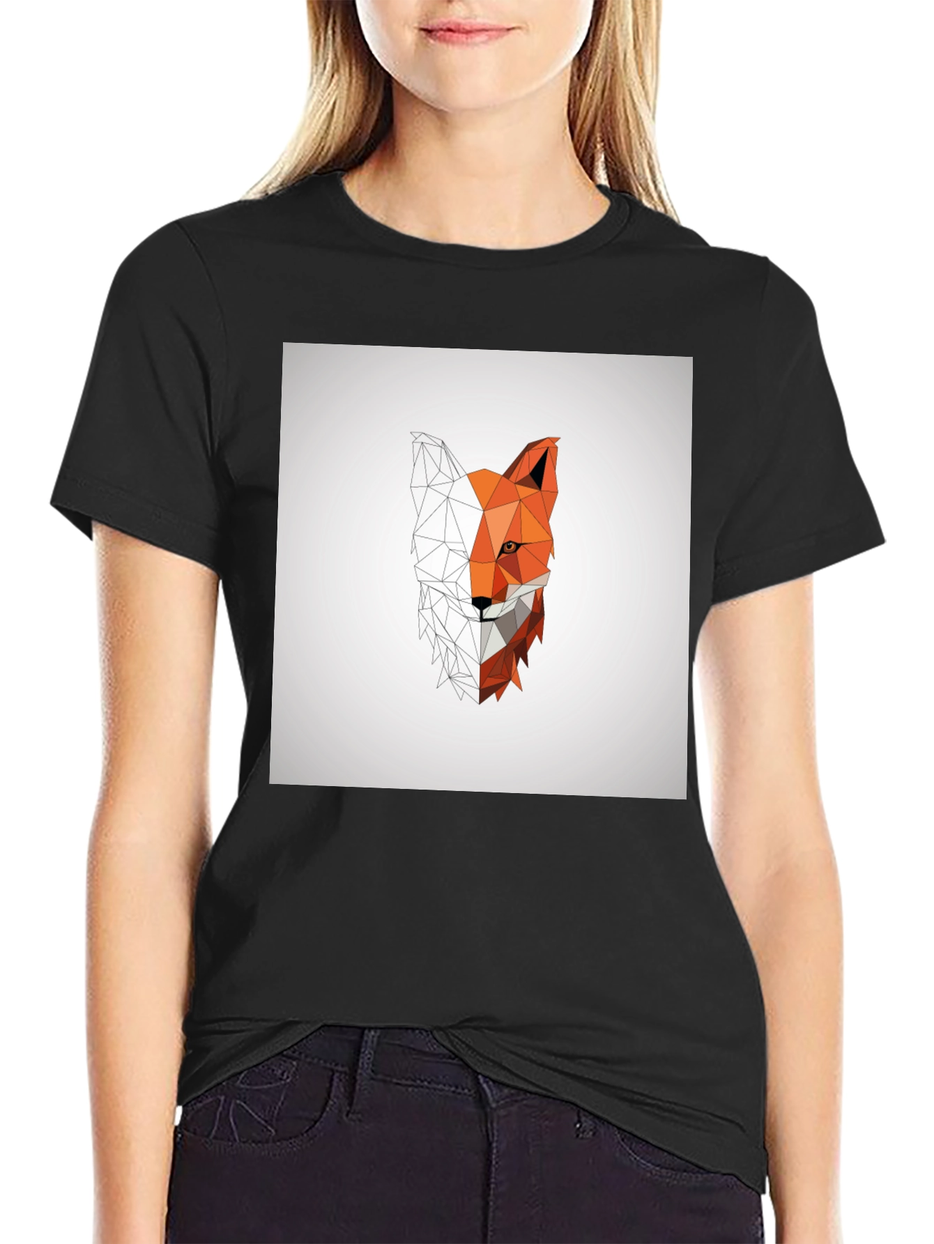 Black Geometric Fox Graphic Tee - Modern Polygon Design view 2
