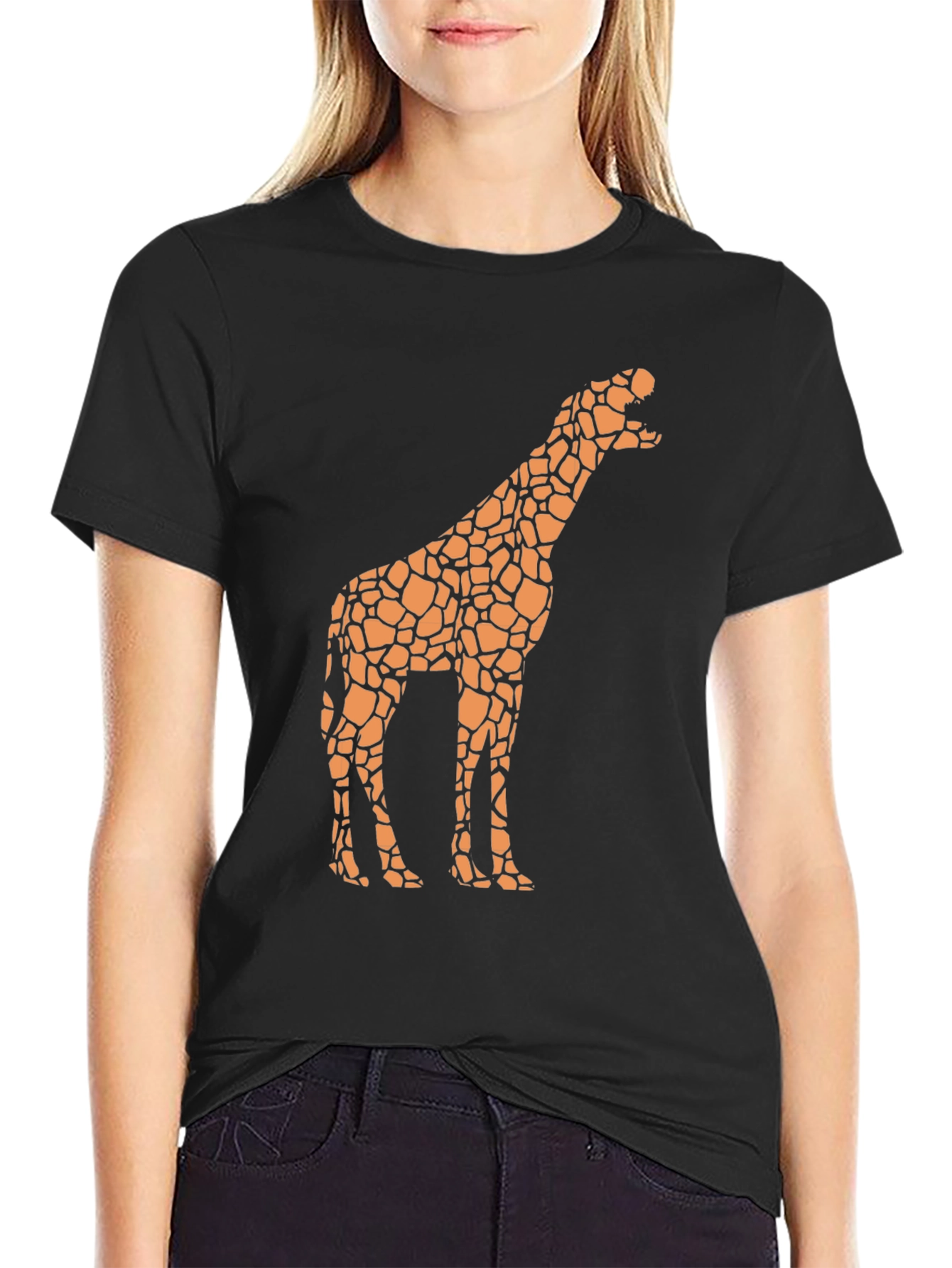 Black Giraffe Print Black T-Shirt - Novelty Design view 2