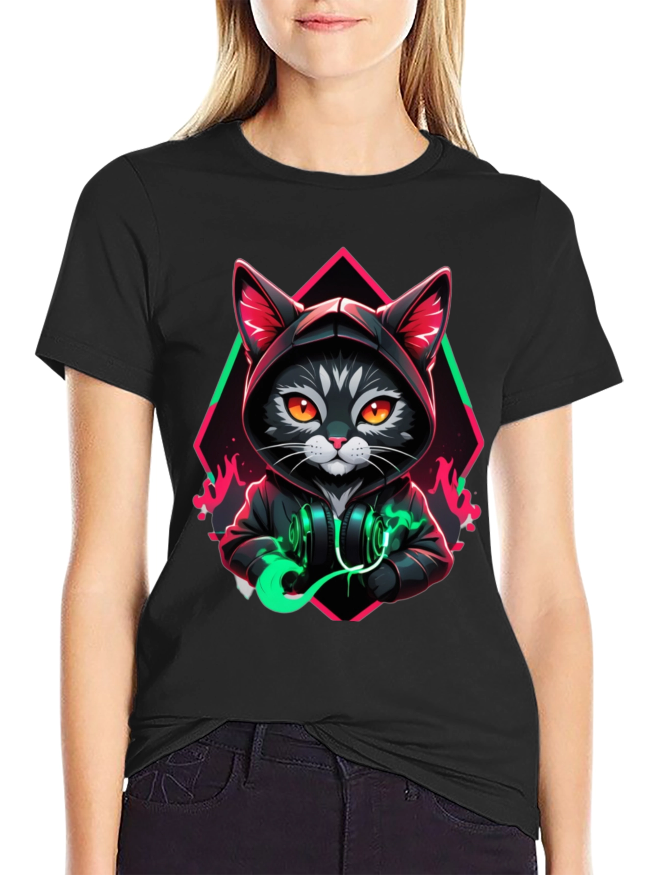Black Cool Cat Hoodie T-Shirt - Unique Design view 2