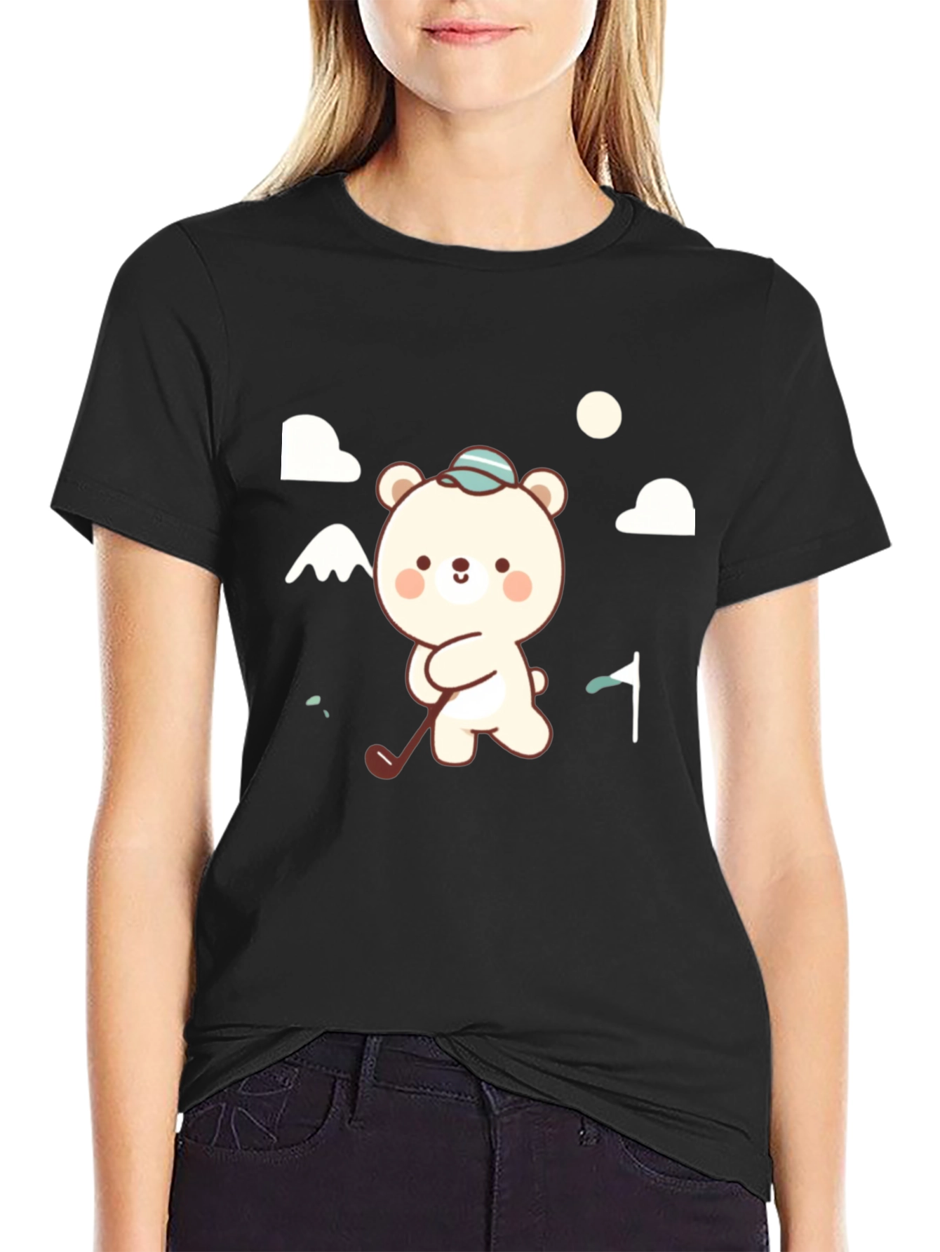 Black Cute Bear Golfing Black Graphic Tee view 2