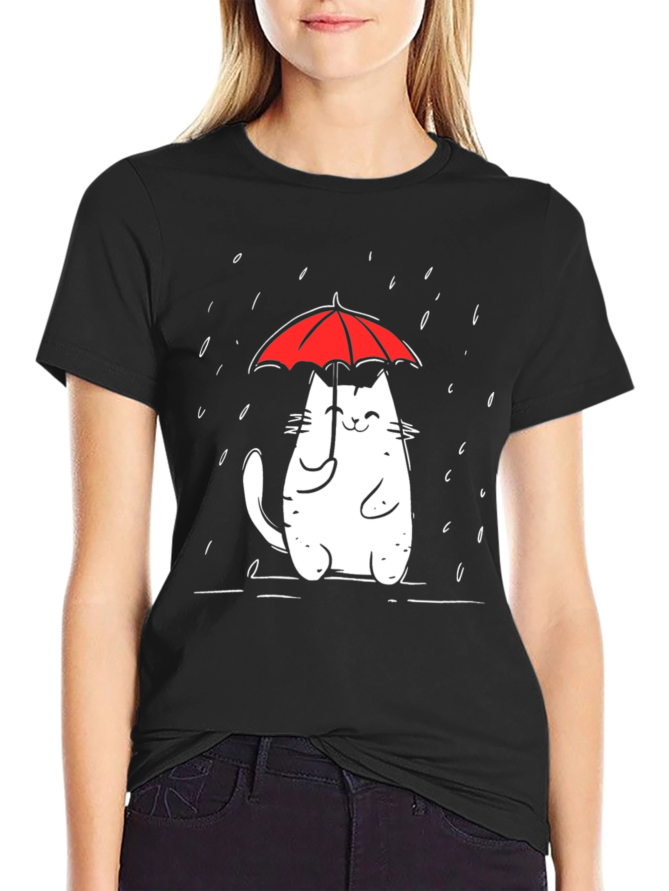 Black Cute Cat Umbrella Graphic Tee - Black Cotton Comfort view 2