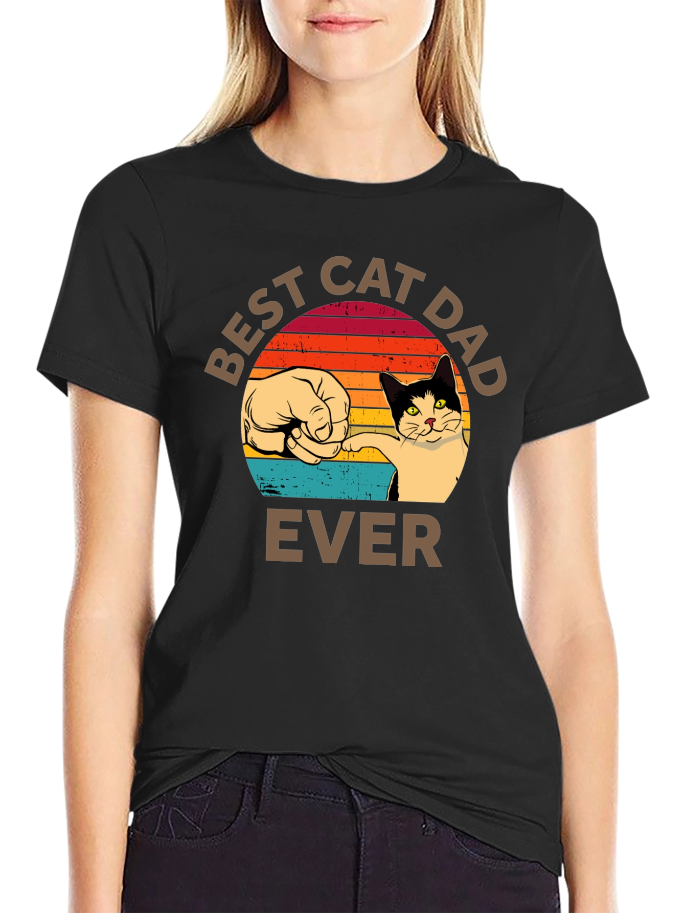 Black Best Cat Dad Ever T-Shirt Retro Sunset view 2