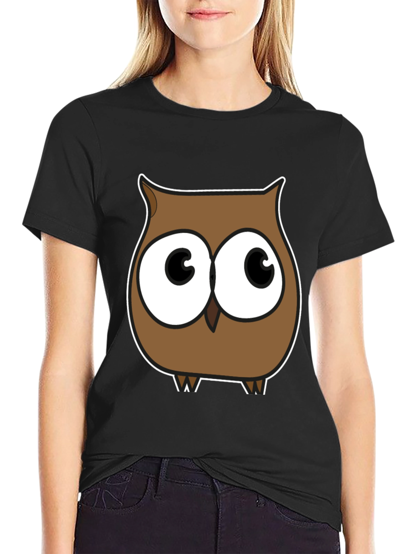 Black Cartoon Owl Graphic T-Shirt - Black view 2