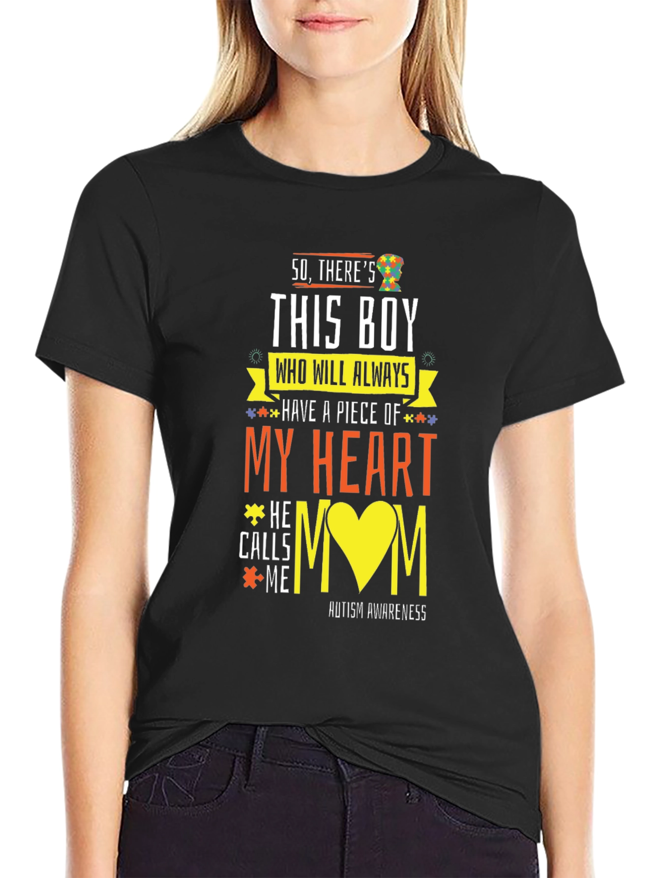 Black Autism Awareness T-Shirt "My Heart" Design view 2