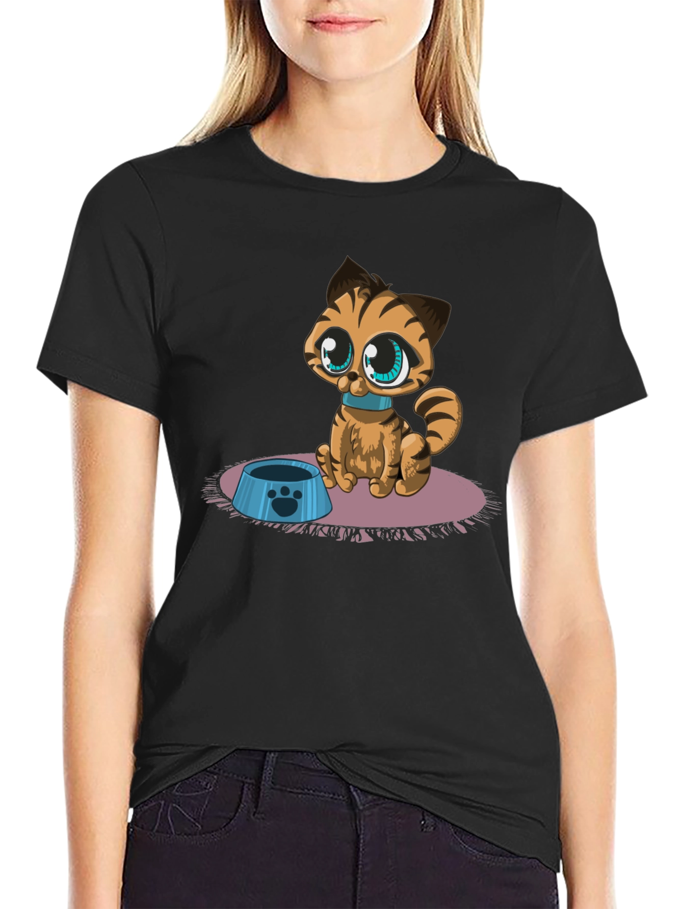 Black Cartoon Cat Graphic Tee - Cute Pet Lover Shirt view 2