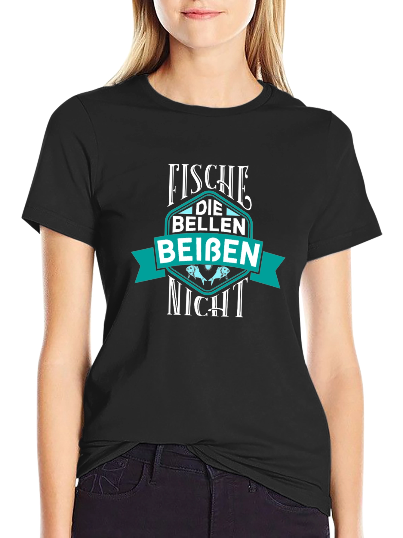 Black Funny German Saying T-Shirt: "Fische Die Bellen Beissen Nicht" view 2