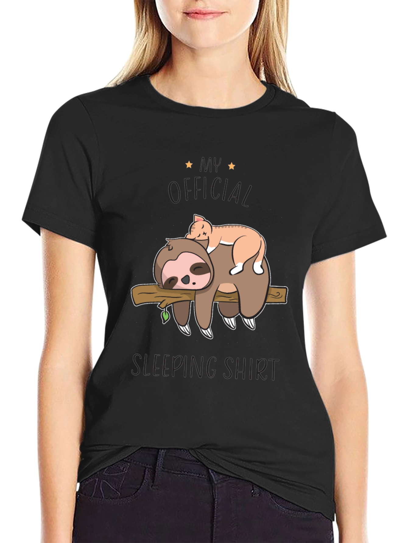 Black Sloth & Cat Sleeping Shirt - Official Sleepwear view 2