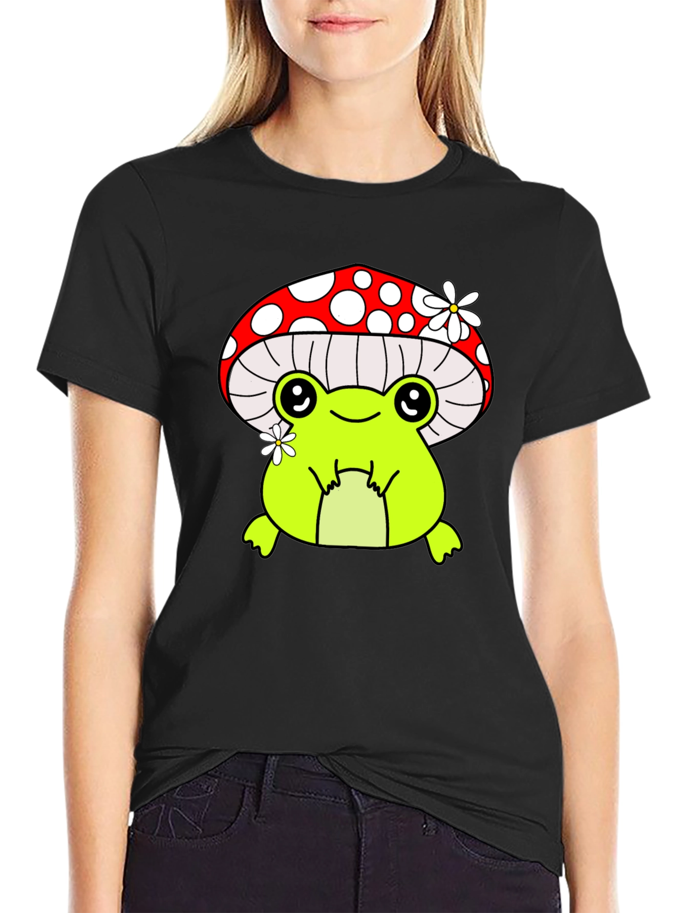 Black Mushroom Frog Graphic Tee - Black Cotton Shirt view 2