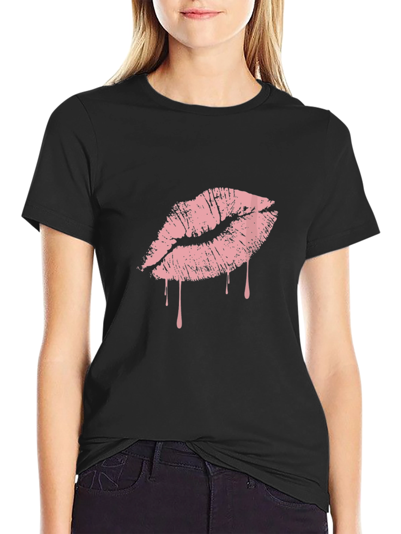 Black Black T-Shirt with Pink Dripping Lips Graphic view 2