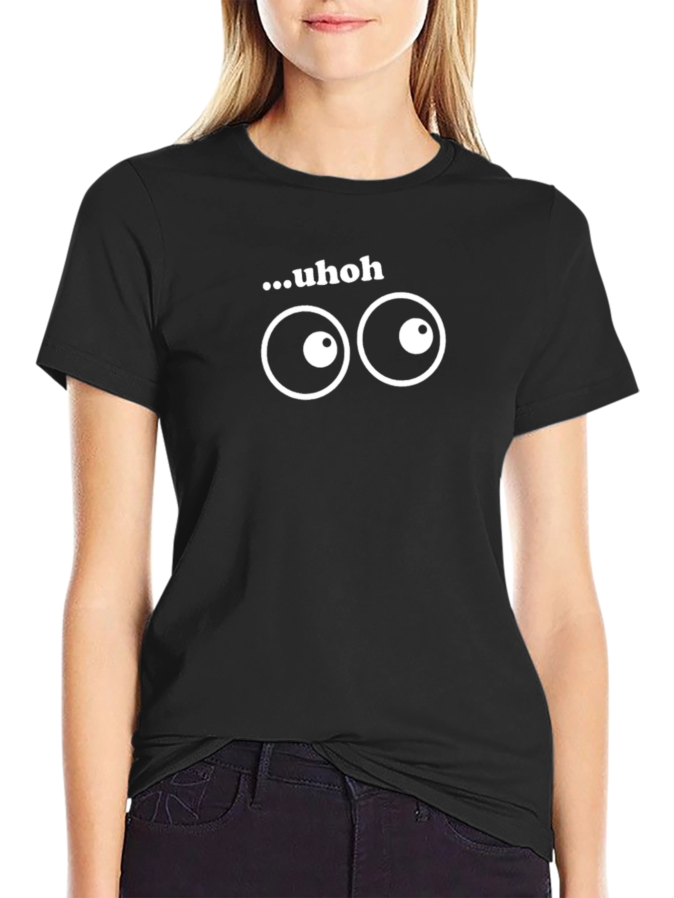 Black Uh Oh Funny Graphic Tee - Black Cotton T-Shirt view 2