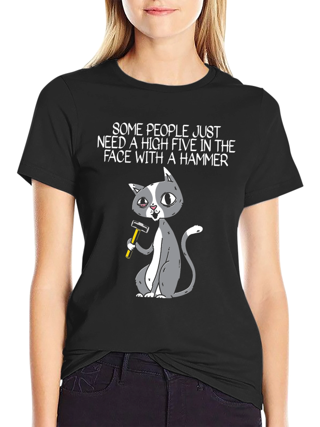Black High Five Hammer Cat T-Shirt view 2