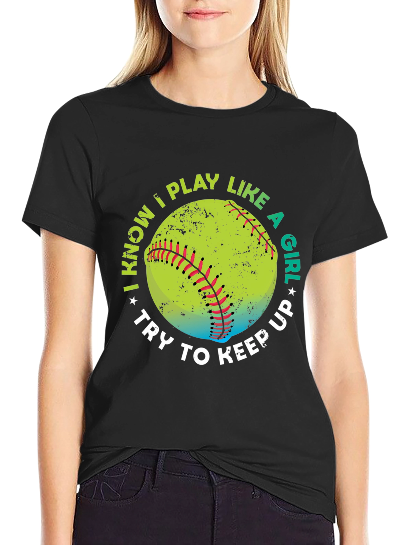 Black I Know I Play Like A Girl Softball T-Shirt view 2