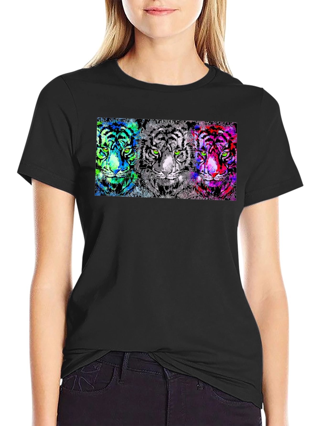 Black Vibrant Tiger Trio Graphic Tee - Unique Pop Art Design view 2